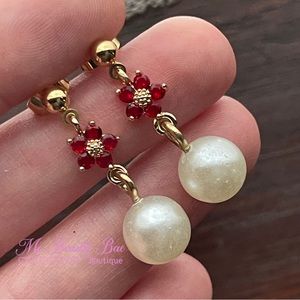 Red Crystal Pearl Stud Earrings